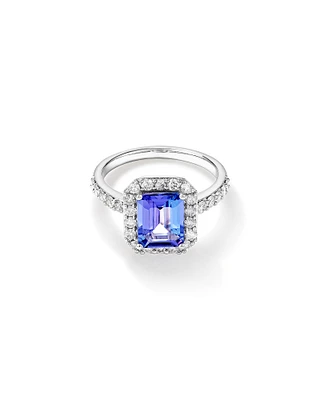 Emerald Cut Blue Tanzanite Gemstone and 0.75 Carat TW Diamond Halo Ring in 14kt White Gold