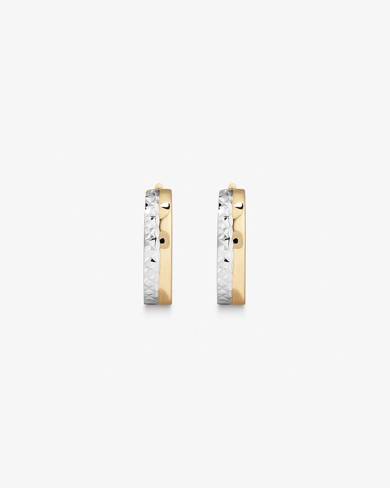 9.6mm Polished and Diamond Cut Huggie Hoop Earrings in 10kt Yellow and White Gold