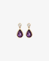 Pear Cut Purple Amethyst and Diamond Drop Stud Earrings Bezel Set in 10kt Yellow Gold