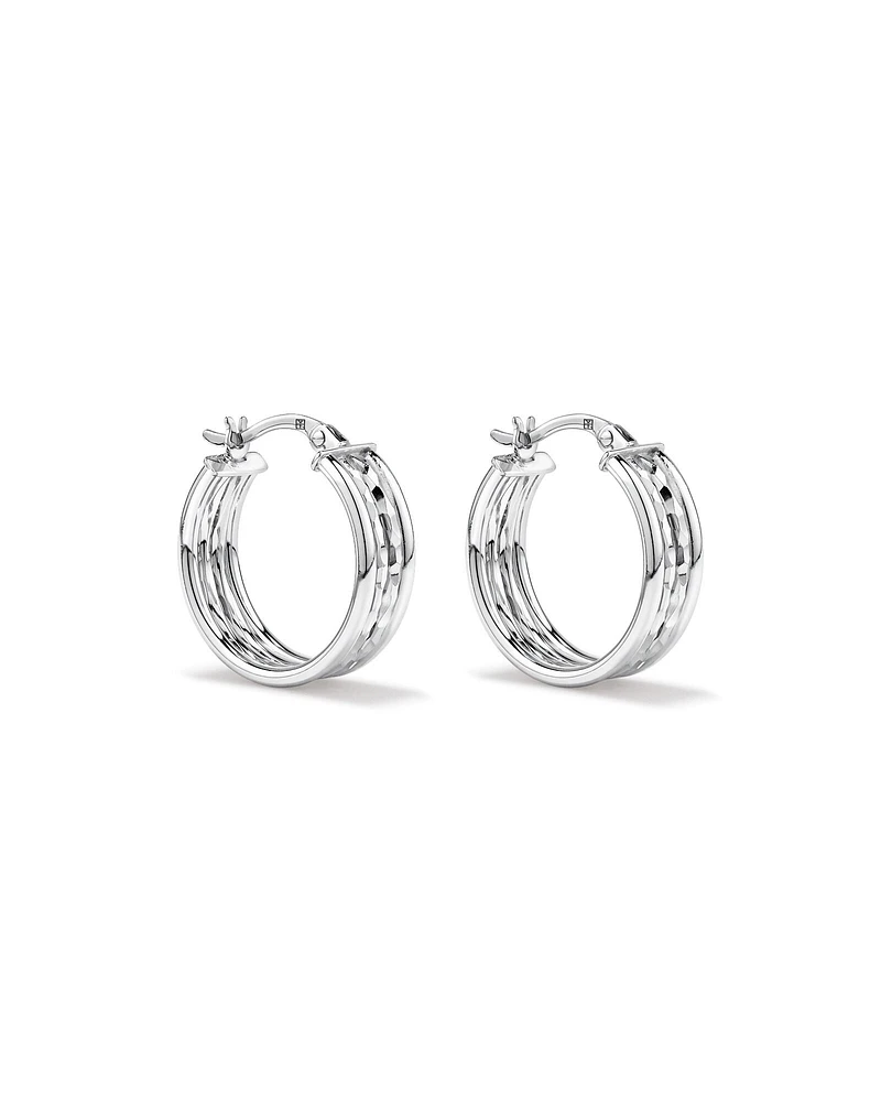 Four Row Diamond Cut and Smooth Hoop Earrings in Sterling Silver