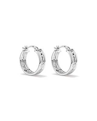 Four Row Diamond Cut and Smooth Hoop Earrings in Sterling Silver