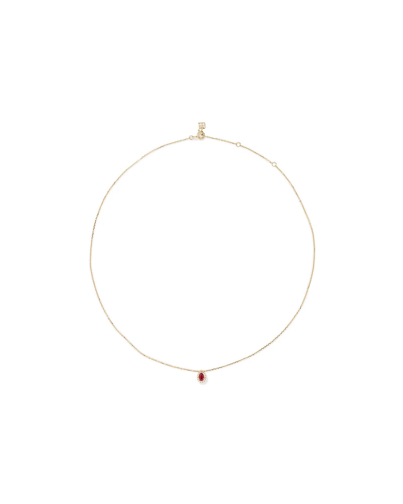 Pear Cut Red Ruby Gemstone and 0.05 Carat TW Diamond Halo Necklace in 10kt Yellow Gold