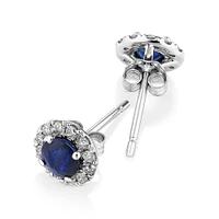 Halo Stud Earrings with Sapphire & 0.28 Carat TW of Diamonds in 10kt White Gold