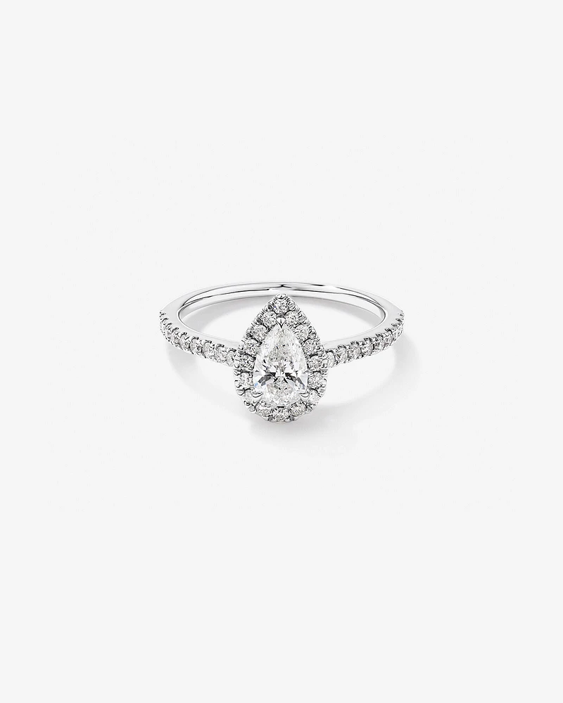 Halo Pear Engagement Ring with 0.92 Carat TW of Diamonds in 14kt White Gold