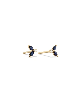 Round Diamond and Marquise Blue Sapphire Gemstone Stud Earrings in 10kt Yellow Gold