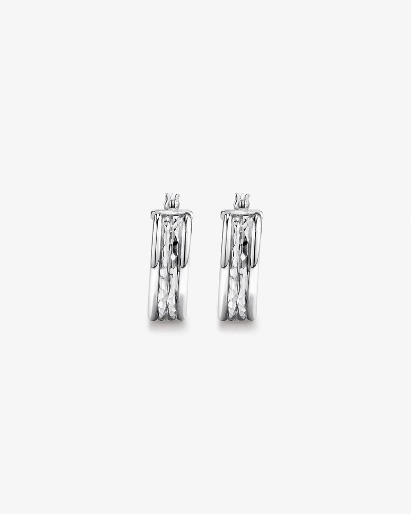 Four Row Diamond Cut and Smooth Hoop Earrings in Sterling Silver