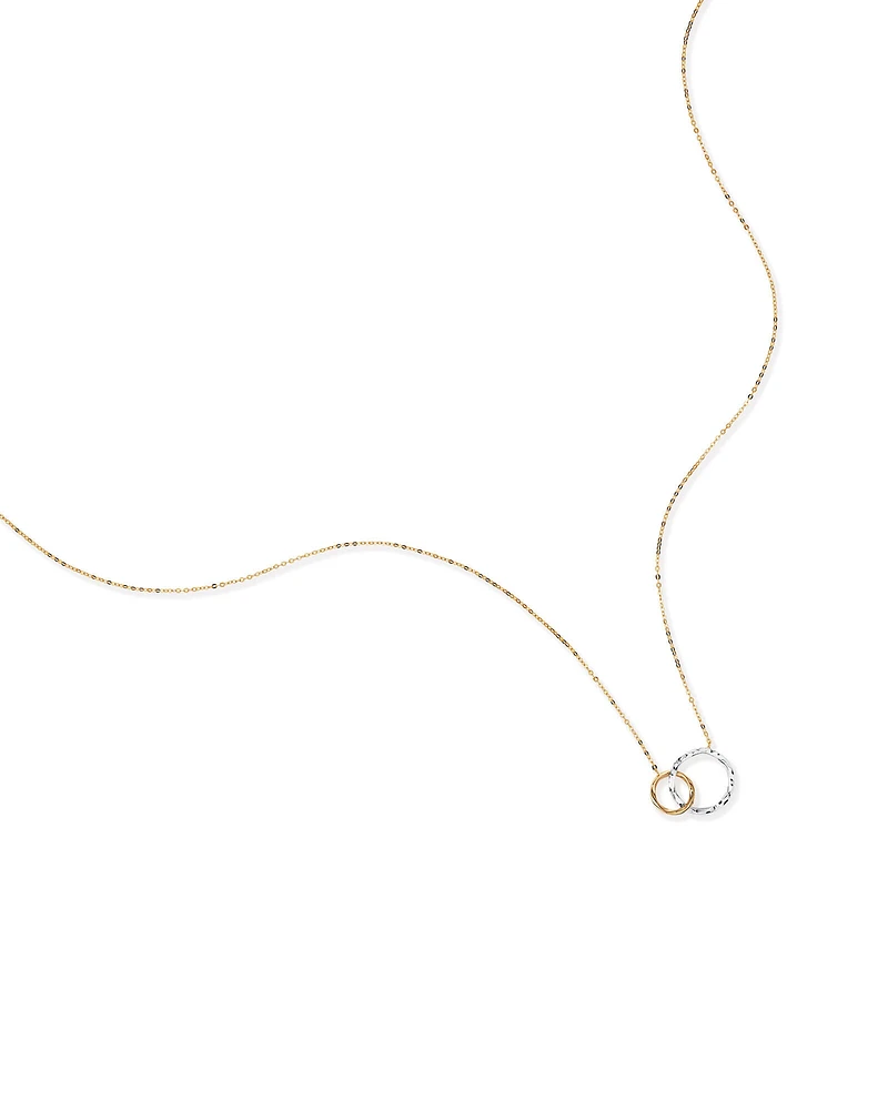 Two-Tone Double Circle Link Hammered Finish Necklace in 10kt White & Yellow Gold