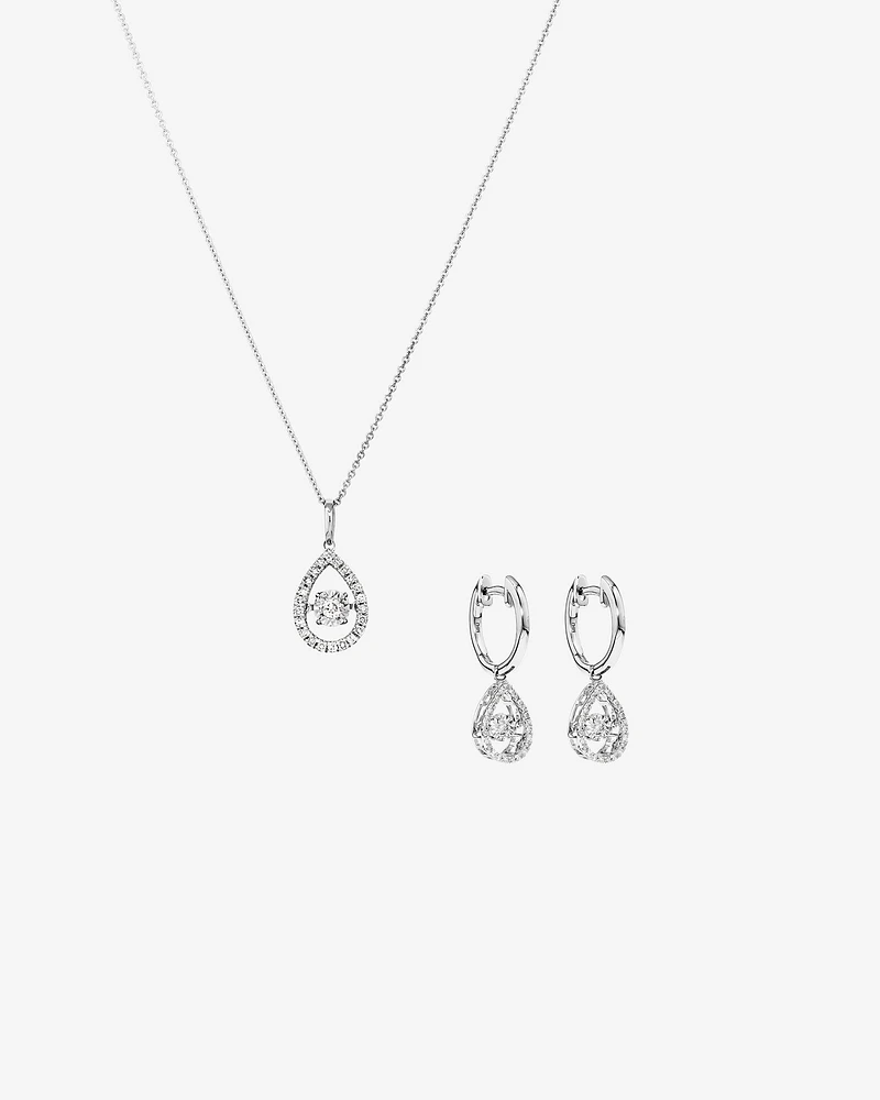 0.36 Carat TW Diamond Halo Everlight Pear Pendant and Huggie Earrings Set in Sterling Silver