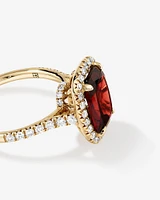 Cushion Cut Red Garnet Gemstone and Diamond Halo Ring in 10kt Yellow Gold