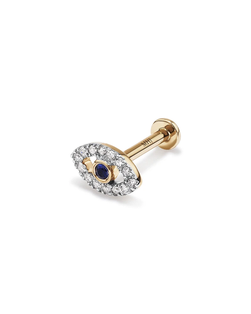 Diamond & Sapphire Evil Eye Flat Back Helix Stud Earring in 10kt Yellow Gold