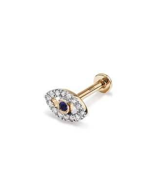 Diamond & Sapphire Evil Eye Flat Back Helix Stud Earring in 10kt Yellow Gold