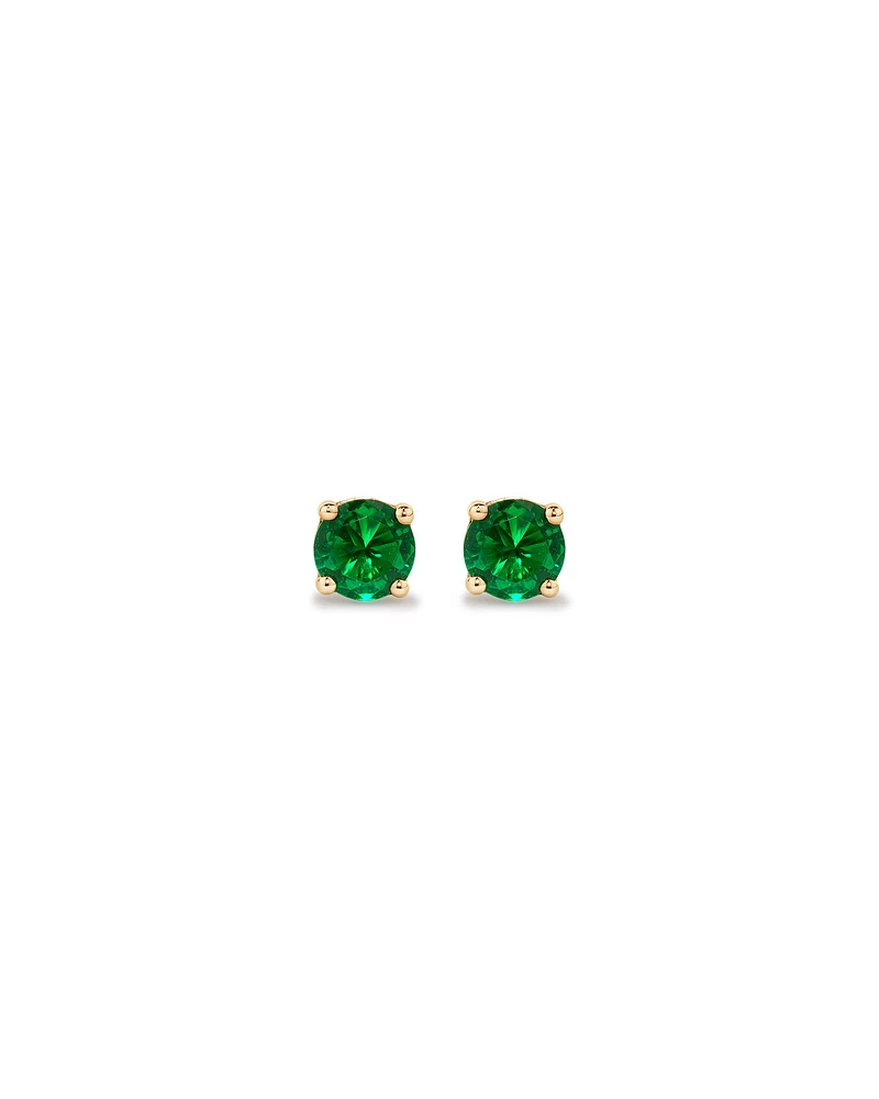 Round Green Created Emerald Birthstone Stud Earrings in 10kt Yellow Gold