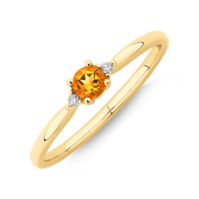 3 Stone Ring with Citrine & Diamonds in 10kt Yellow Gold