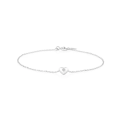 Bracelet en argent de 19 cm à cœur miniature et diamants totalisant 0,004 ct