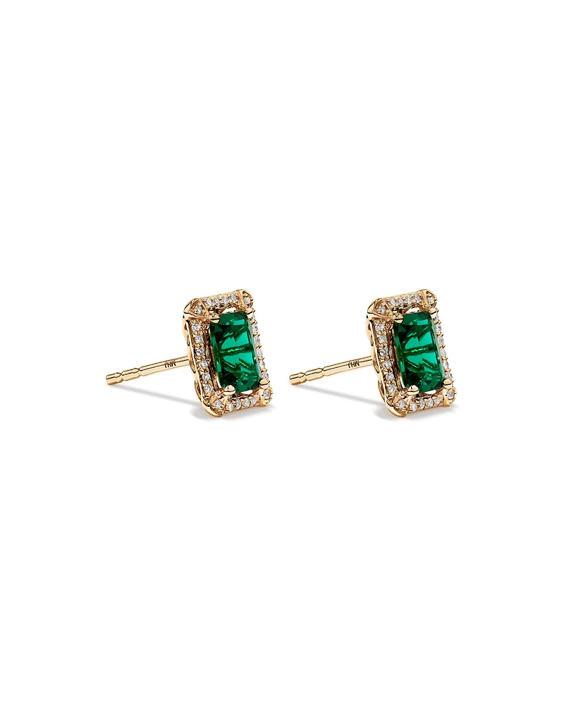 Emerald Cut Created Emerald and Diamond Halo Stud Earrings in 10kt Yellow Gold