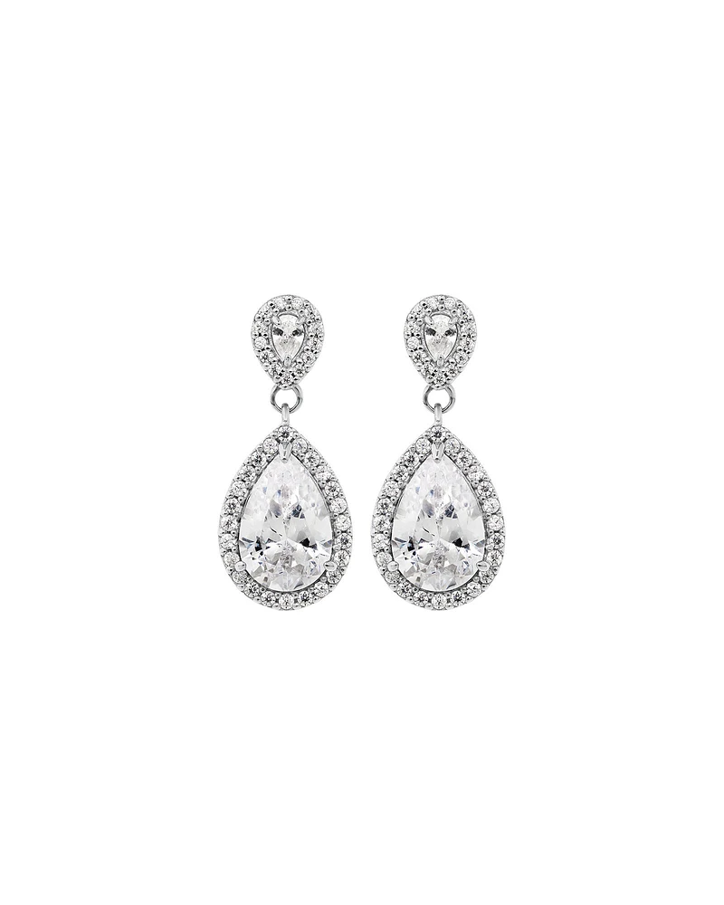 Pear Cubic Zirconia Halo Drop Stud Earrings in Sterling Silver