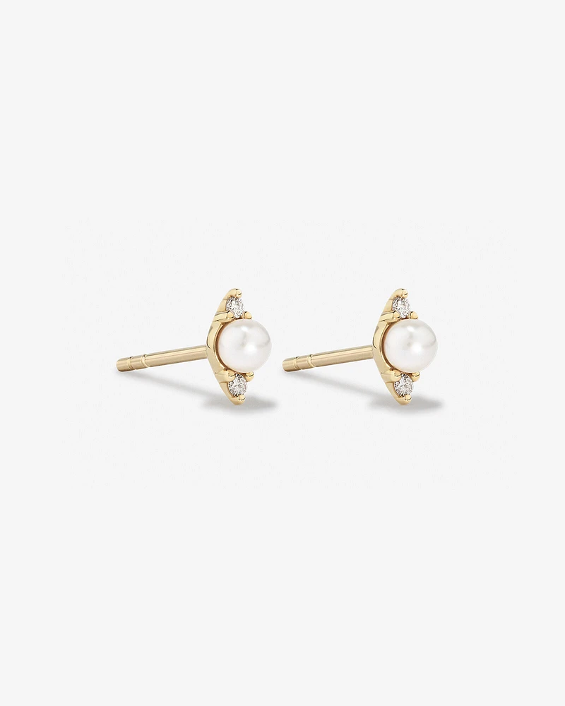 Three Stone Cultured Freshwater Pearl and Diamond Stud Earrings in 10kt Yellow Gold