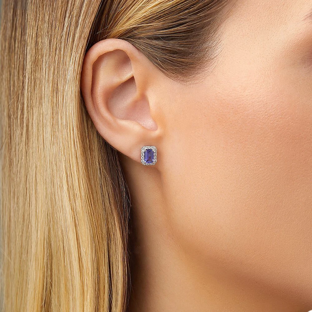 Halo Stud Earrings with Tanzanite & 0.25 Carat TW of Diamonds in 14kt White Gold