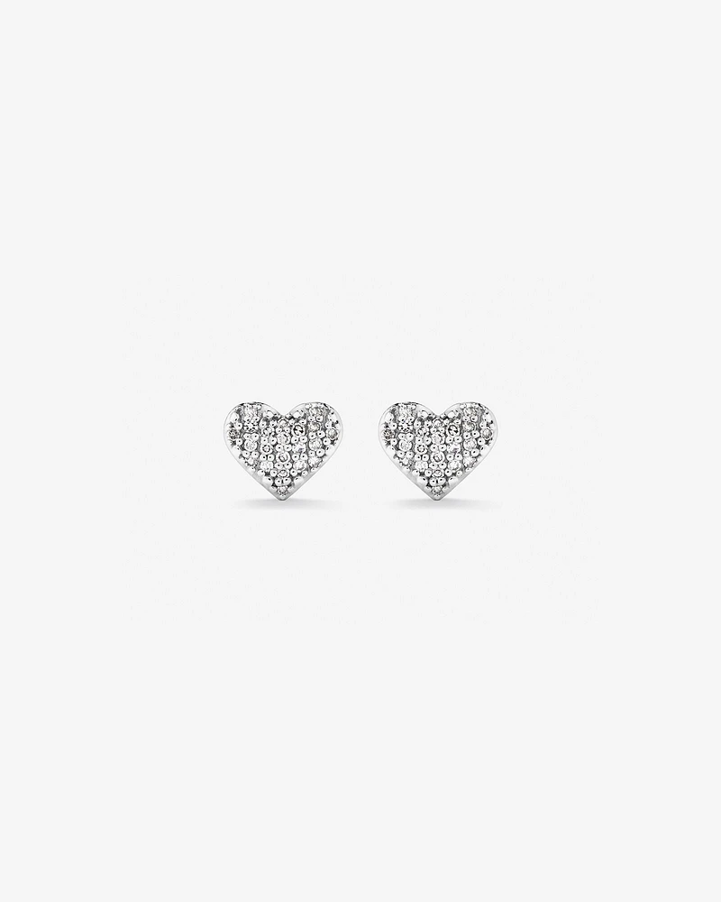 Fine Pave Diamond Heart Stud Earrings in Sterling Silver