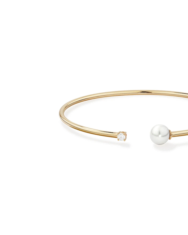 Cultured Freshwater Pearl and Diamond Torque Bangle in 10kt Yellow Gold