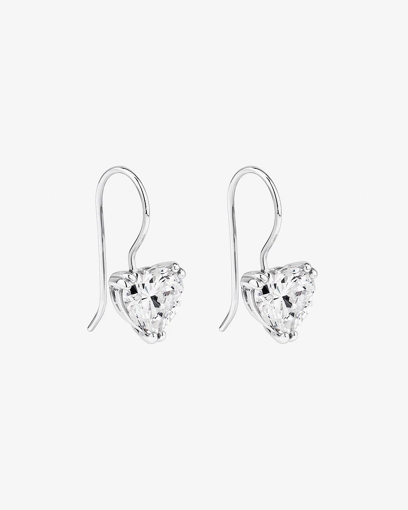 Love Heart Shaped Cubic Zirconia Drop Shepherds Hook Earrings in Sterling Silver