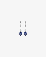 Oval Cut Blue Created Ceylon Sapphire Gemstone and Diamond Drop Huggie Earrings in Sterling Silver