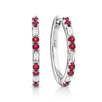 Ruby & Diamond Dot Dash Hoop Earrings with 0.14 Carat TW in 10kt White Gold