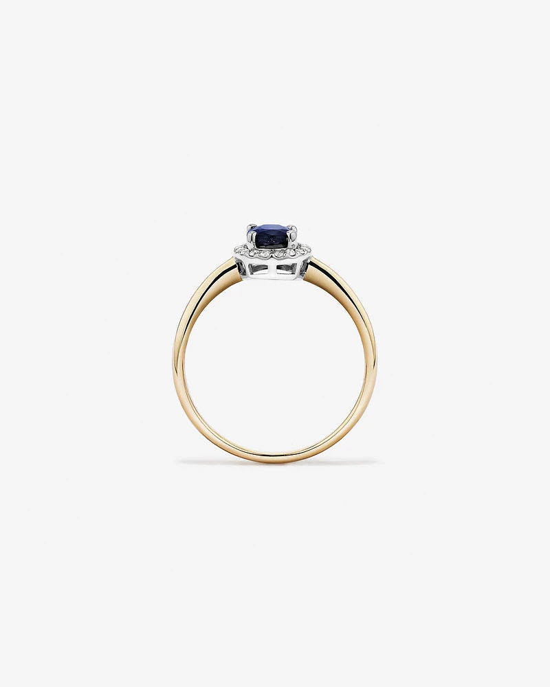 Bague De Fiançailles En Or Jaune Et Blanc 10 Carats Avec Pierre Précieuse Saphir Bleu Taille Ovale Et Halo De Diamants De 0,10 Carat Poids Total