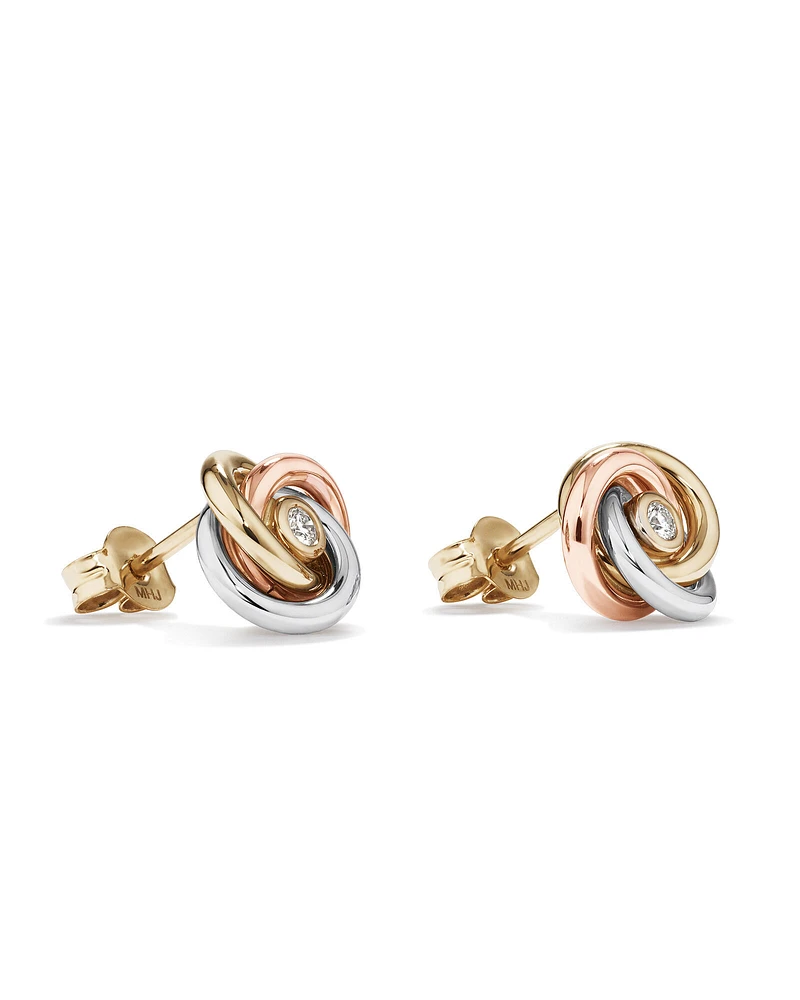 Diamond Accent Tri Tone Knot Stud Earrings in 10kt Yellow, Rose and White Gold