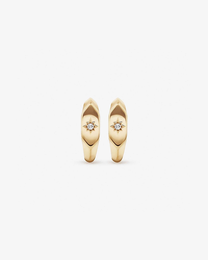 Diamond Star Accent Signet Huggie Hoop Earrings in 10kt Yellow Gold