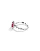 Oval Cut Red Ruby Gemstone and 0.60 Carat TW Diamond Halo Ring in 14kt White Gold