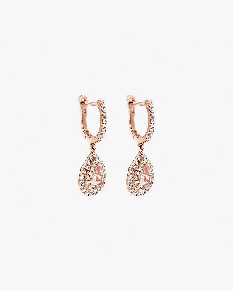 Pear Cut Morganite Gemstone and 0.40 Carat TW Diamond Halo Huggie Drop Earrings in 10kt Rose Gold