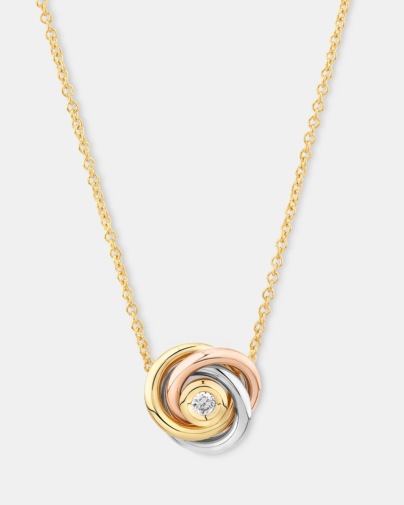 Diamond Accent Tri Tone Knot Necklace in 10kt Yellow, Rose and White Gold