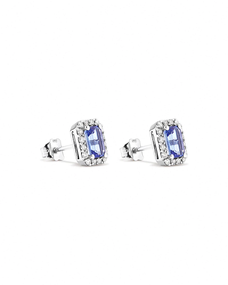 Emerald Cut Blue Tanzanite Gemstone and 0.25Carat TW Diamond Halo Stud Earrings in 14kt White Gold