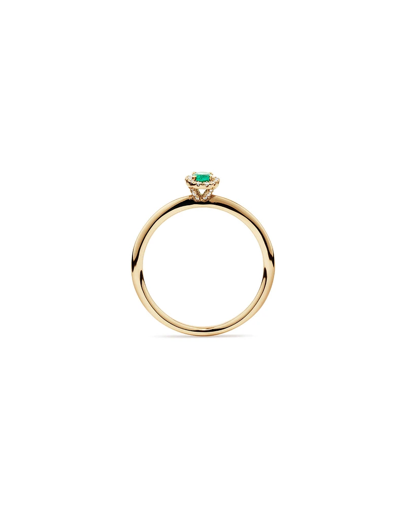 Oval Cut Green Emerald Gemstone and 0.08 Carat TW Diamond Halo Ring in 10kt Yellow Gold