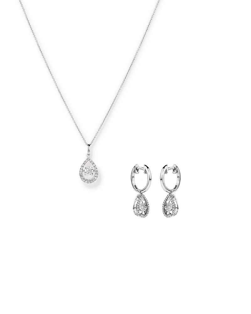 0.36 Carat TW Diamond Halo Everlight Pear Pendant and Huggie Earrings Set in Sterling Silver