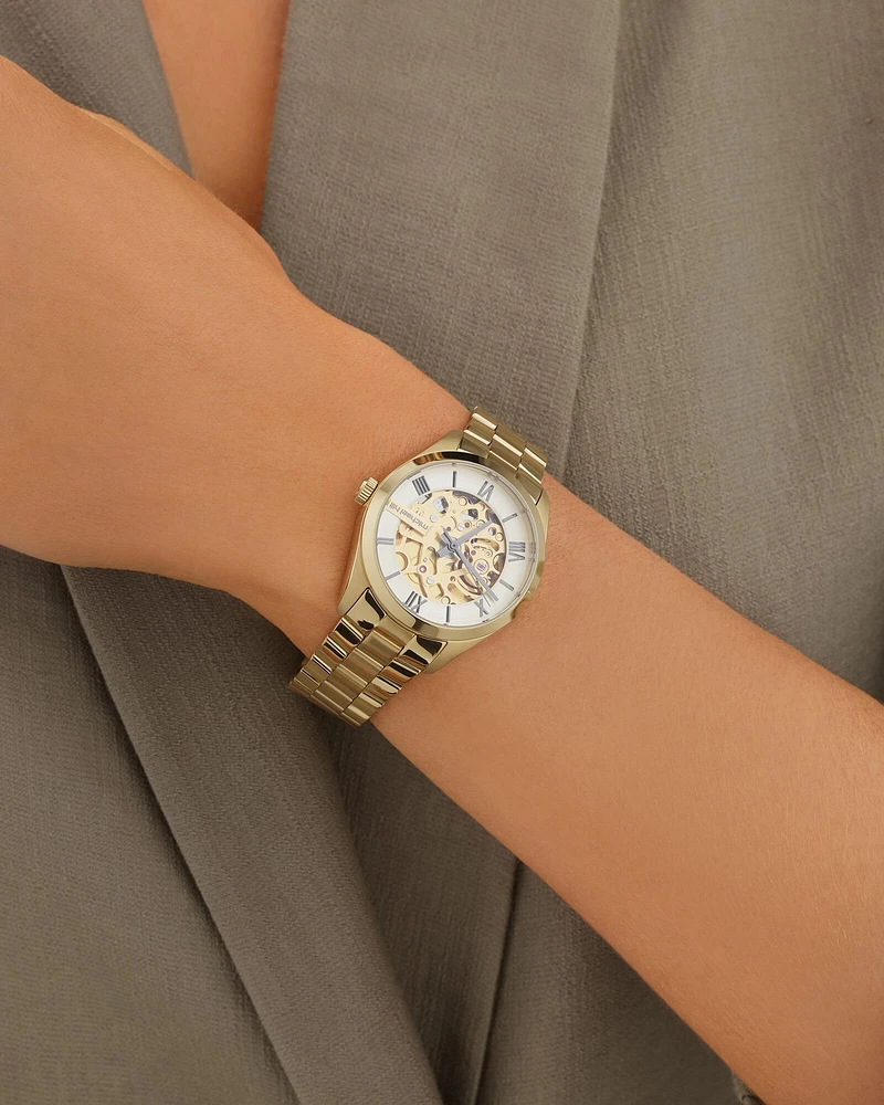 Montre automatique pour femme à mécanisme apparent en acier inoxydable doré