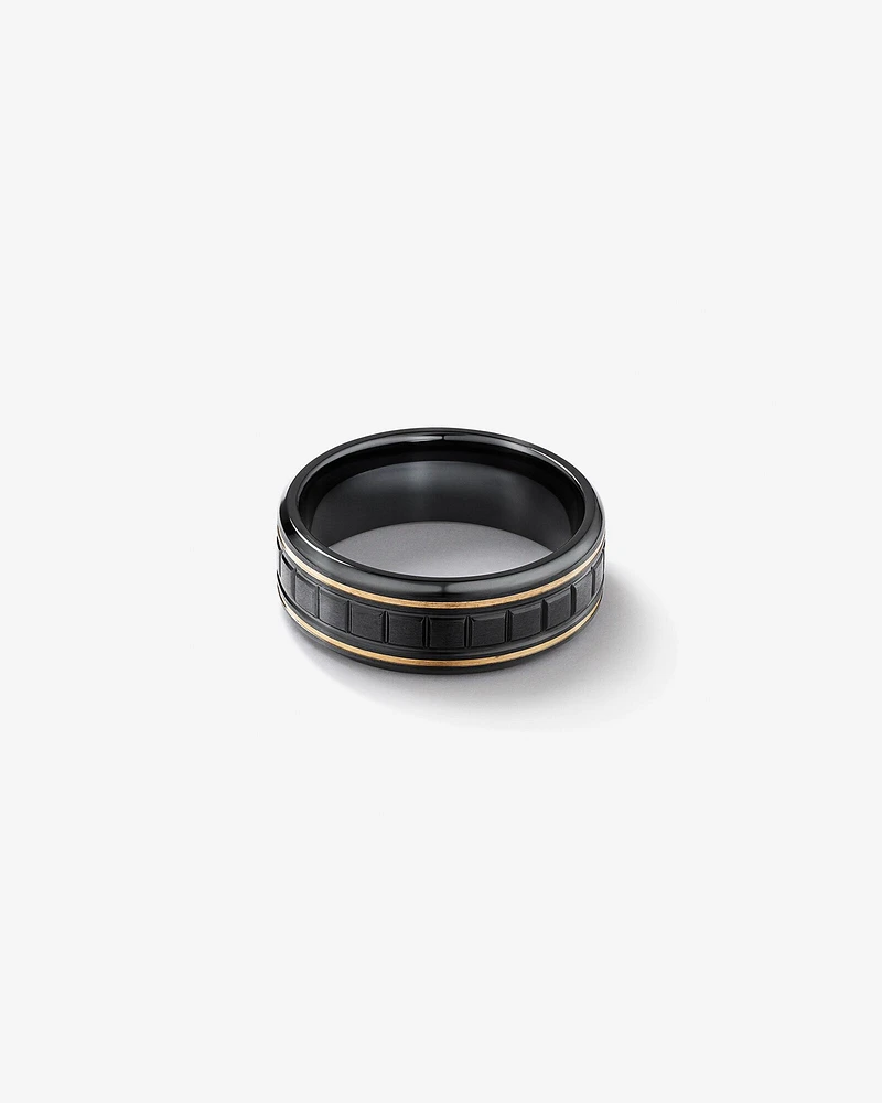 Square Texture Ring Black Titanium with 10kt Yellow Gold Inlays