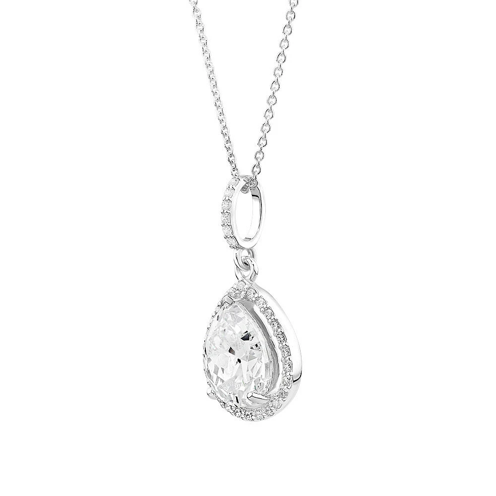 Pear Shape Cubic Zirconia Halo Pendant in Sterling Silver