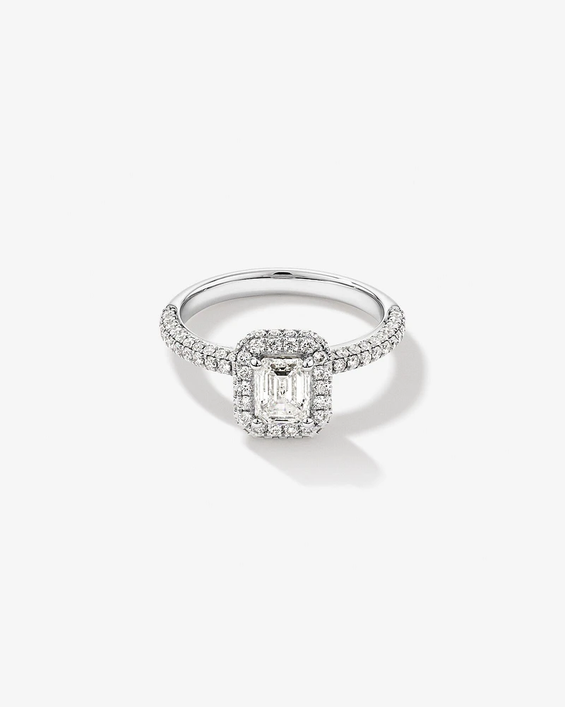 1.65 Carat TW Emerald Cut Diamond Pave Halo Engagement Ring in Platinum