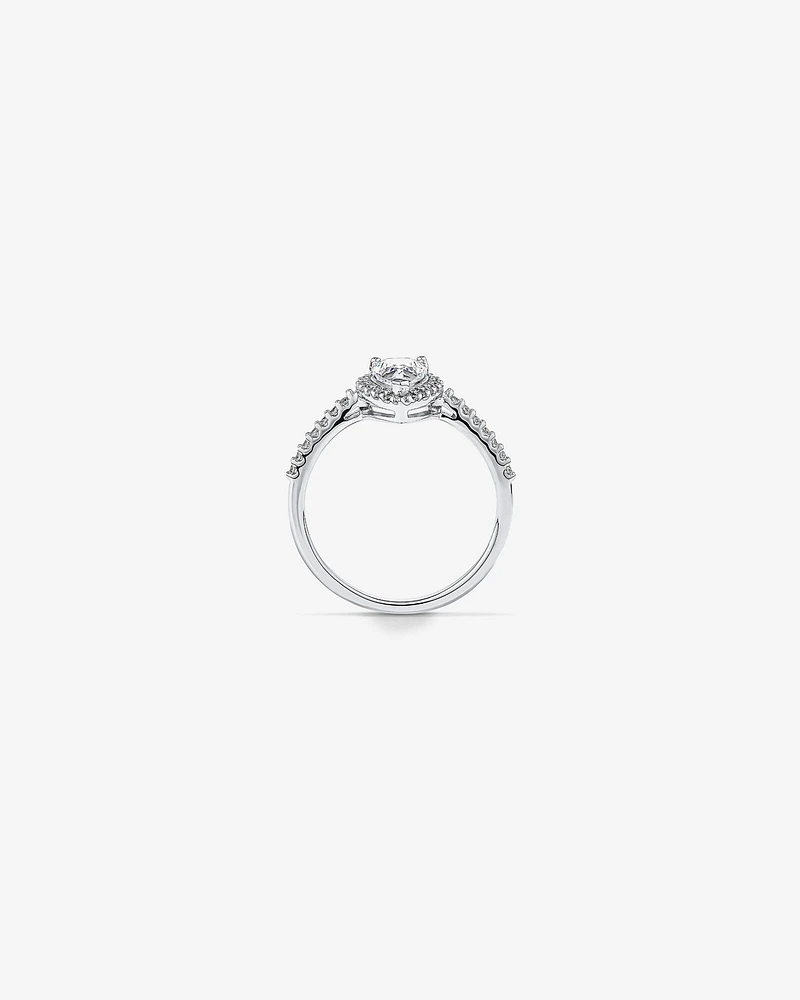 Pear Shaped Cubic Zirconia Halo and Side Accent Ring in Sterling Silver