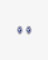 Boucles D'Oreilles Halo Avec Tanzanite Bleue Taille Ovale Et 0,12 Carat Pt De Diamants En Or Blanc 10 Ct