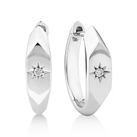 Diamond Star Accent Signet Huggie Hoop Earrings in Sterling Silver