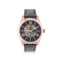 Michael Hill Automatic Skeleton Watch In Gold Tone Stainless Steel And Leather