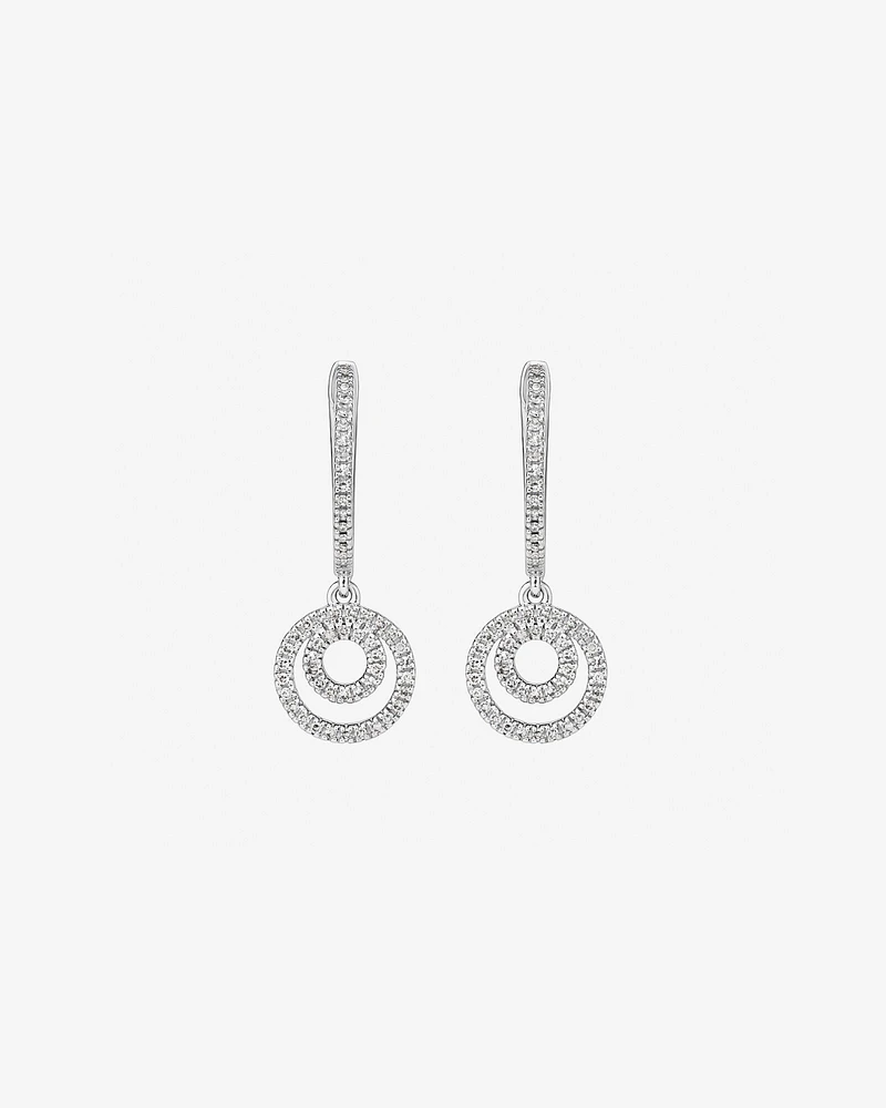 Fine Double Circle Diamond Drop Huggie Earrings in Sterling Silver