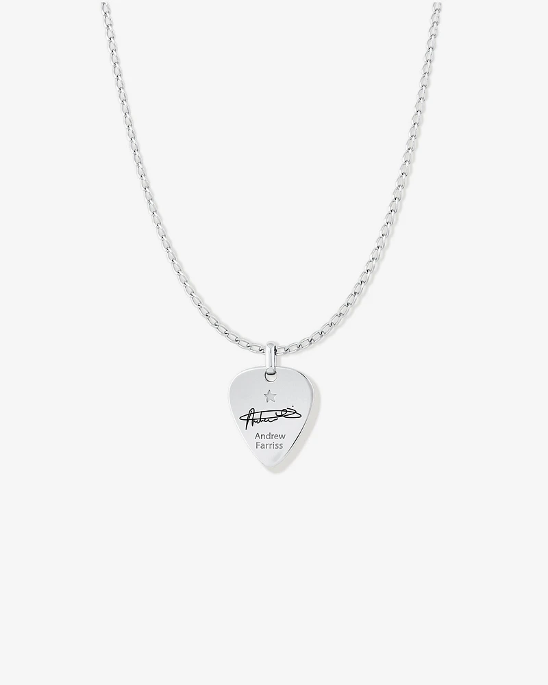 INXS Andrew Farriss Engraved Guitar Pick Pendant with Chain in Recycled Sterling Silver