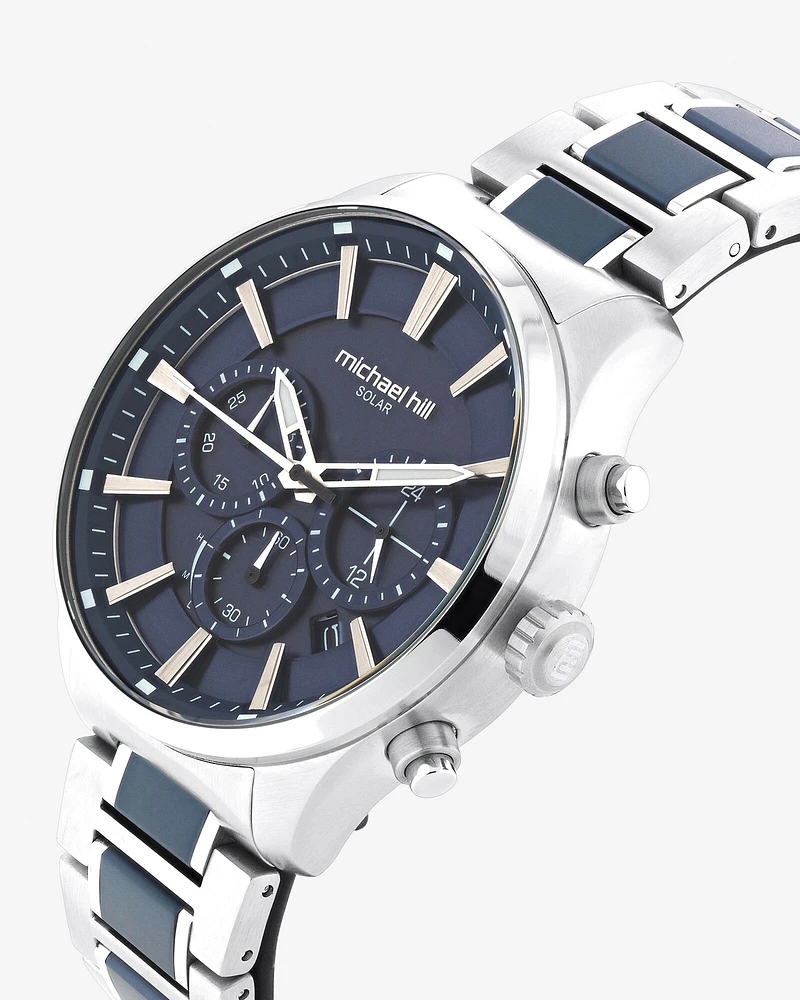 Montre à énergie solaire en acier inoxydable bleu pour homme