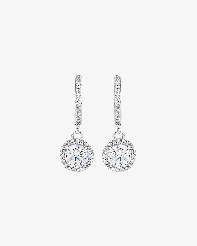 Round Brilliant Cubic Zirconia Halo Drop Hoop Earrings in Sterling Silver