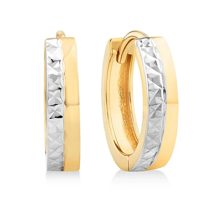 9.6mm Polished and Diamond Cut Huggie Hoop Earrings in 10kt Yellow and White Gold