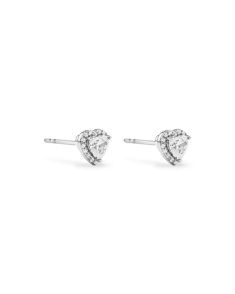 Heart Shape Cubic Zirconia Halo Stud Earrings in Sterling Silver